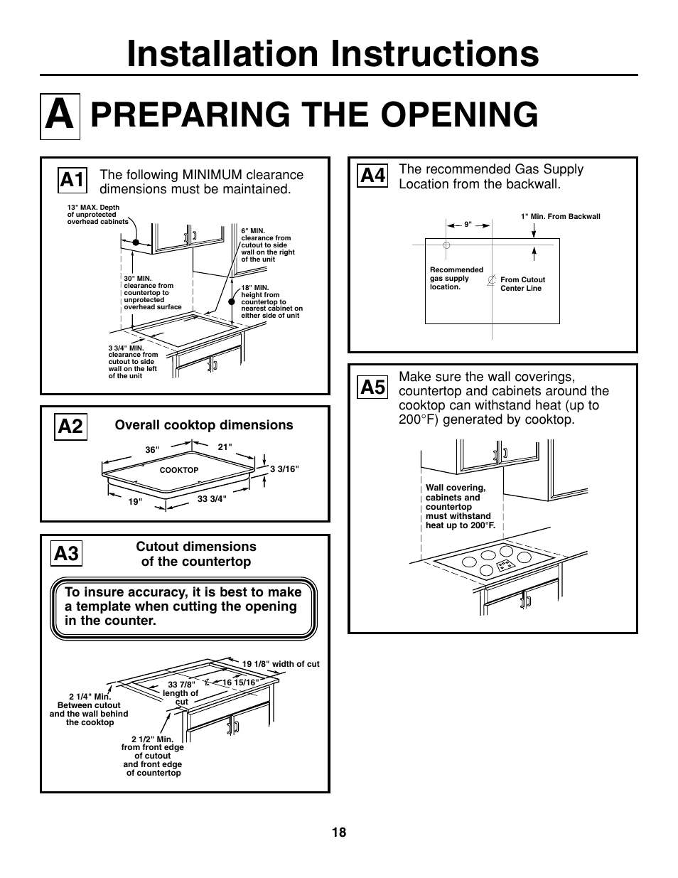 Installation instructions, Preparing the opening, A2 a1 | GE JGP637 User Manual | Page 18 / 68