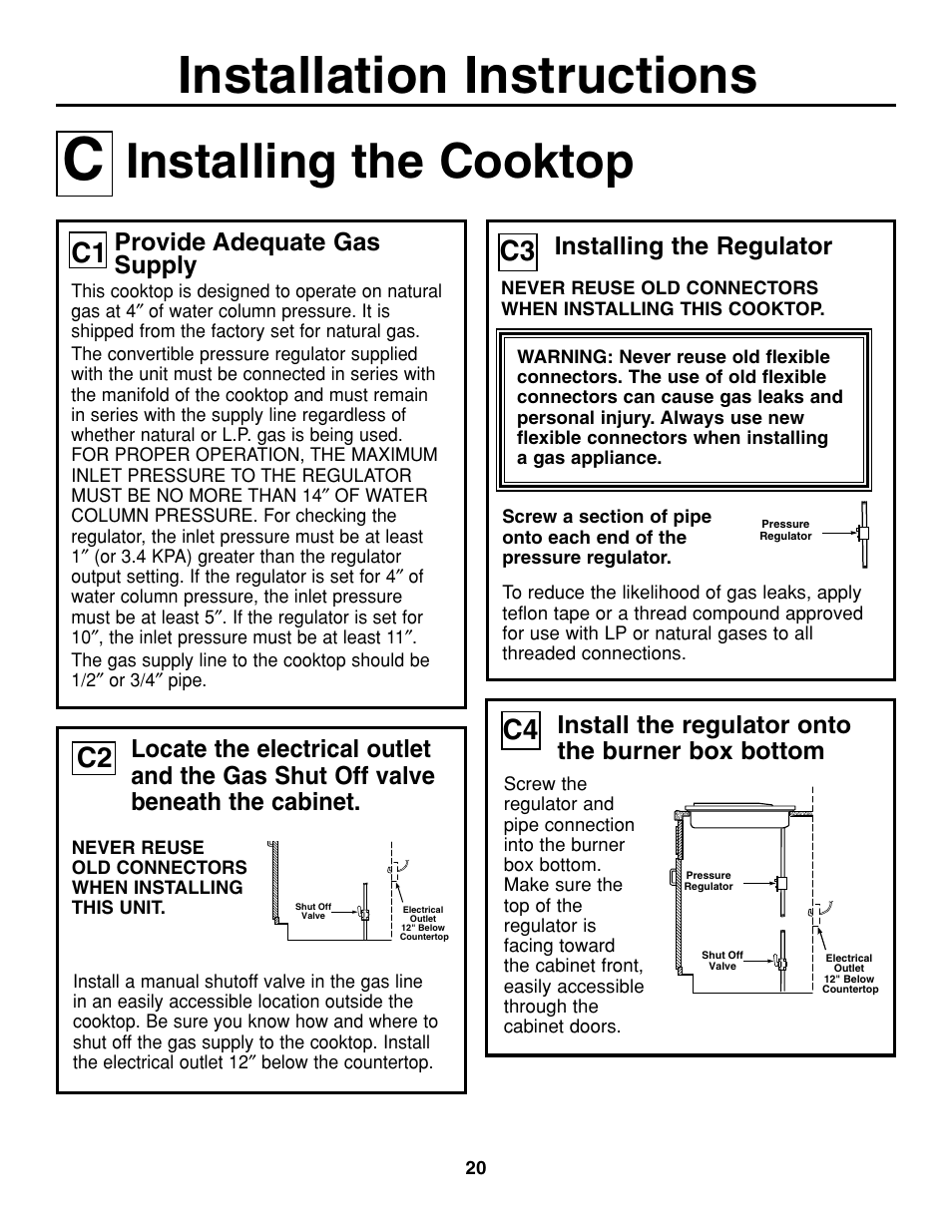 Installation instructions, Installing the cooktop, C1 c3 | Install the regulator onto the burner box bottom | GE JGP637 User Manual | Page 20 / 68