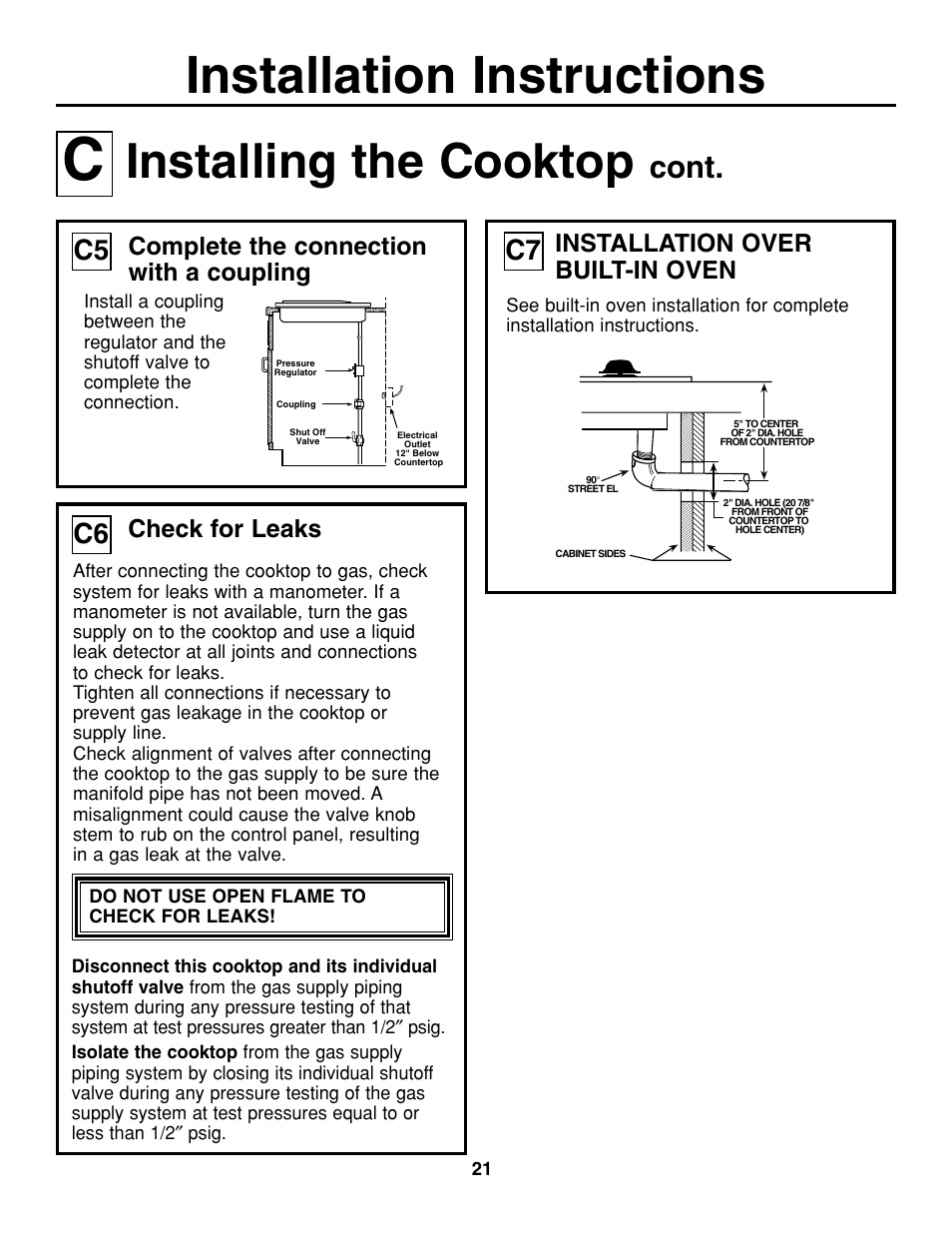 Installation instructions, Installing the cooktop, Cont | Check for leaks, Installation over built-in oven, Complete the connection with a coupling | GE JGP637 User Manual | Page 21 / 68