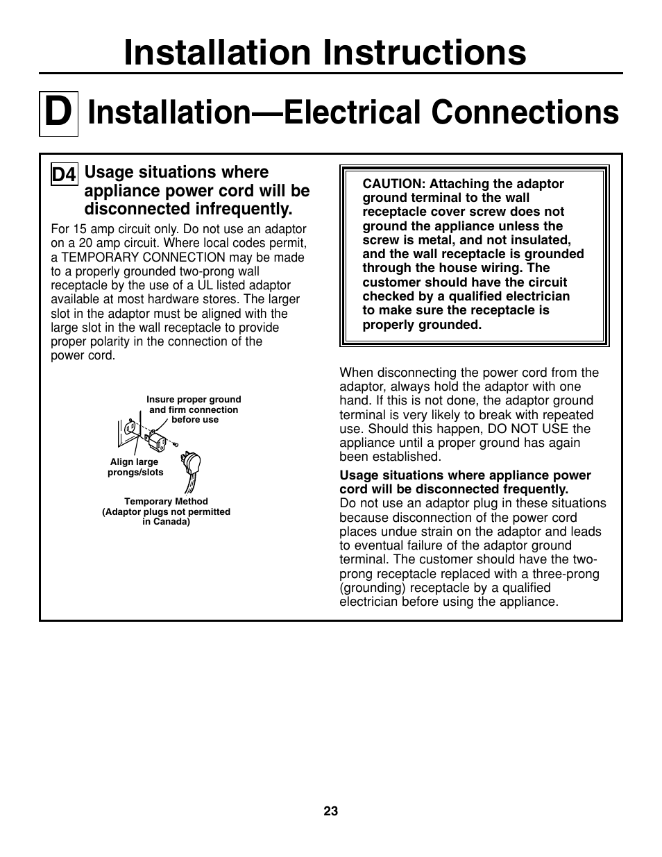 Installation instructions, Installation—electrical connections | GE JGP637 User Manual | Page 23 / 68