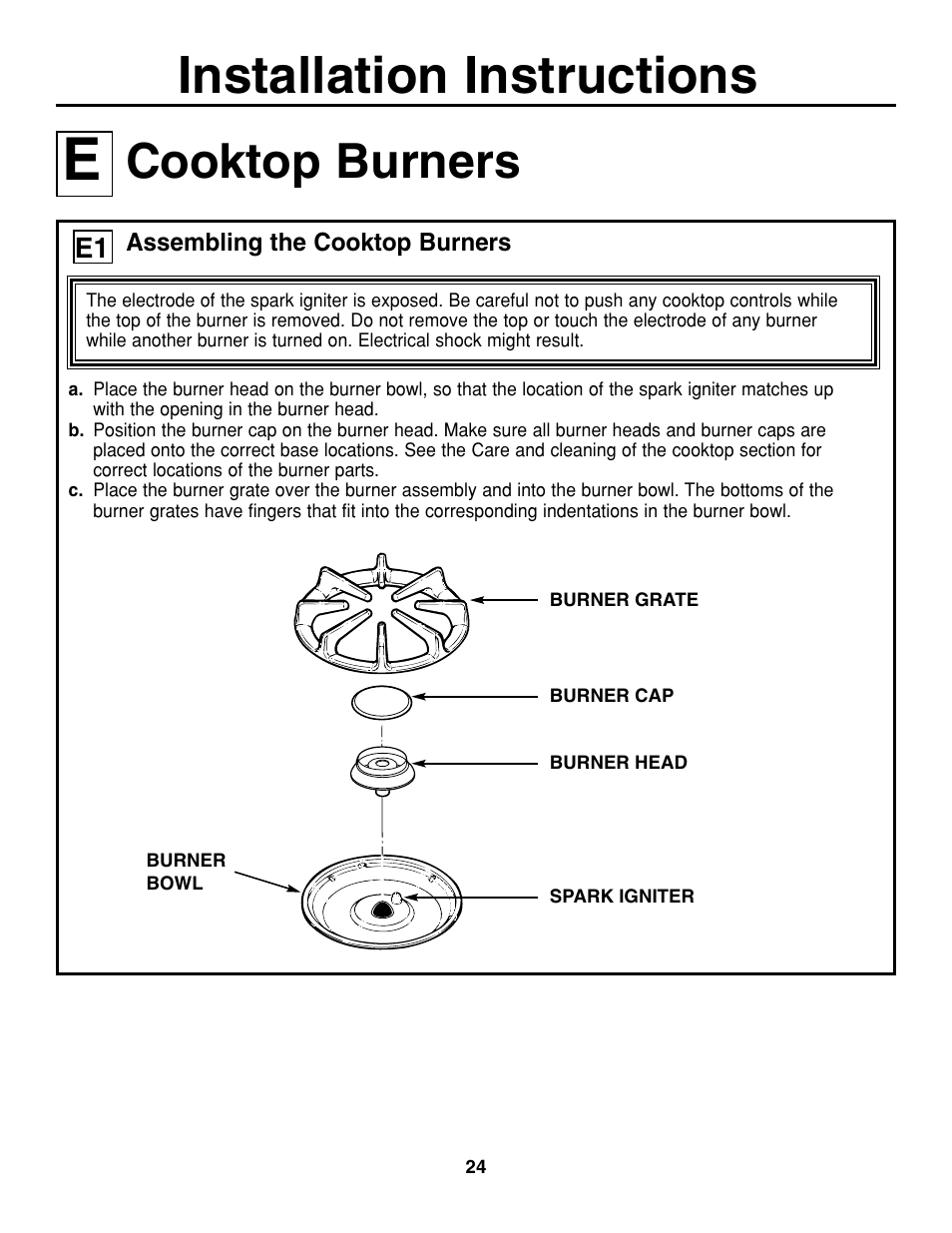 Installation instructions, Cooktop burners | GE JGP637 User Manual | Page 24 / 68