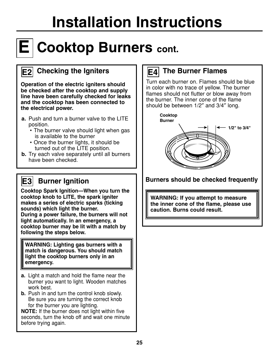 Installation instructions, Cooktop burners, Cont | GE JGP637 User Manual | Page 25 / 68