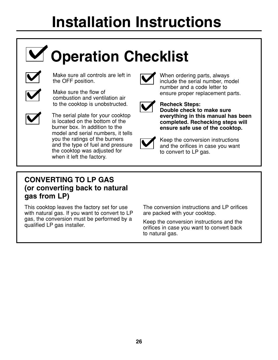 Installation instructions operation checklist | GE JGP637 User Manual | Page 26 / 68