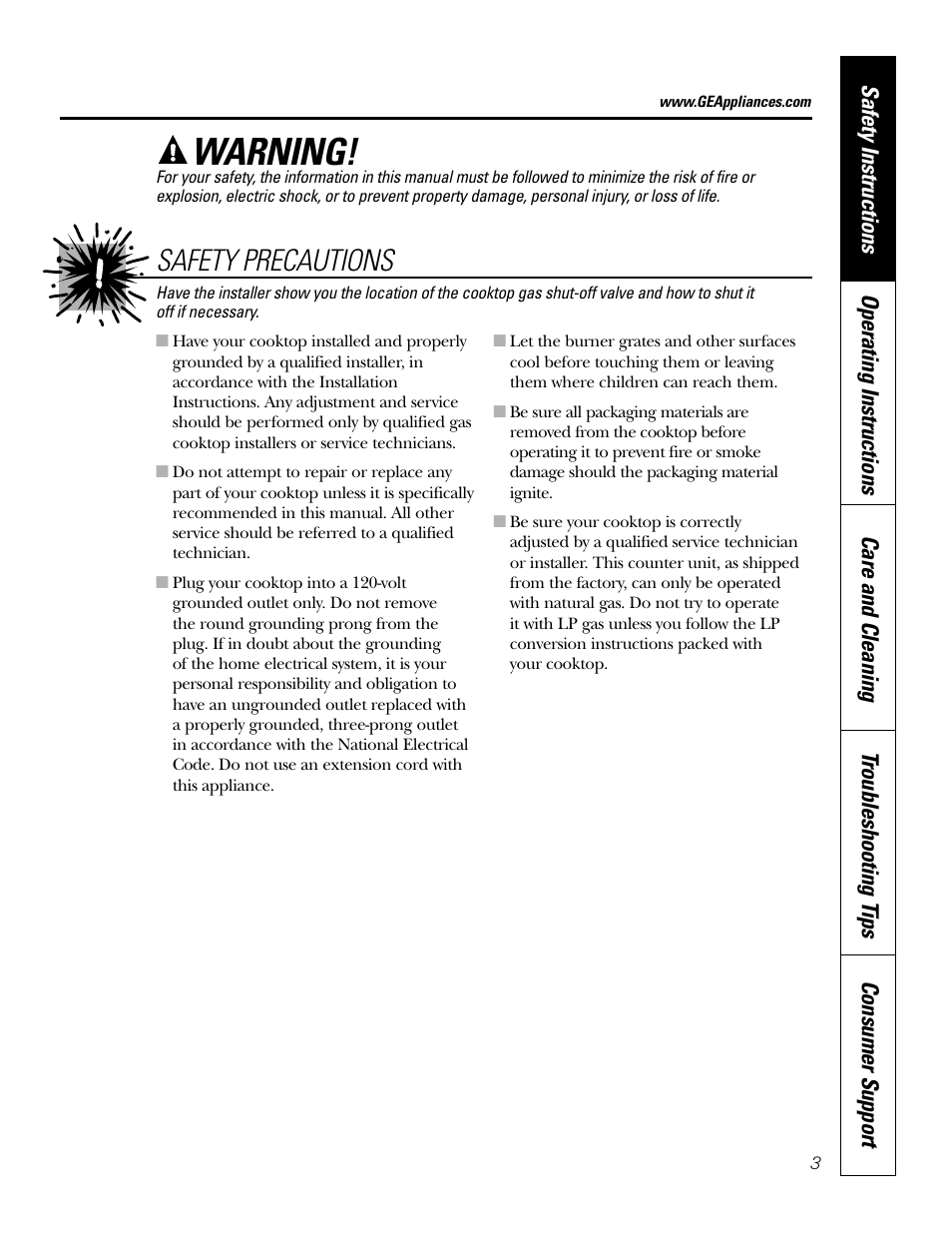 Warning, Safety precautions | GE JGP637 User Manual | Page 3 / 68