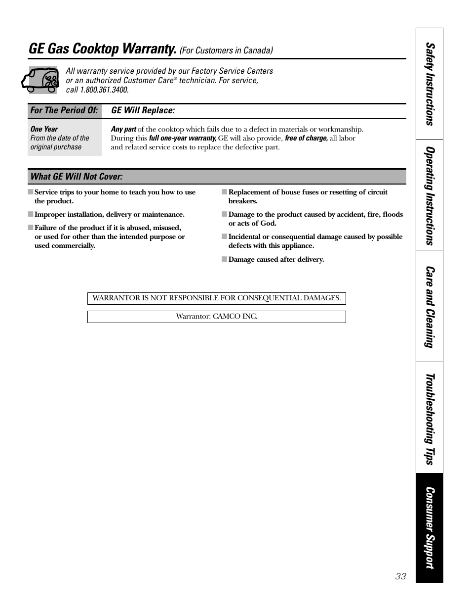 Canada warranty, Ge gas cooktop warranty | GE JGP637 User Manual | Page 33 / 68