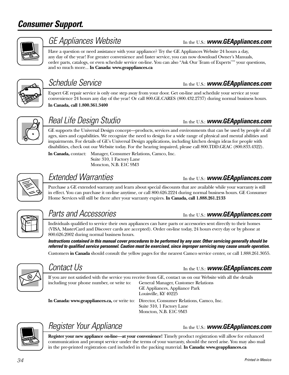 Consumer support, Register your appliance, Consumer support. ge appliances website | Schedule service, Real life design studio, Extended warranties, Parts and accessories, Contact us | GE JGP637 User Manual | Page 34 / 68