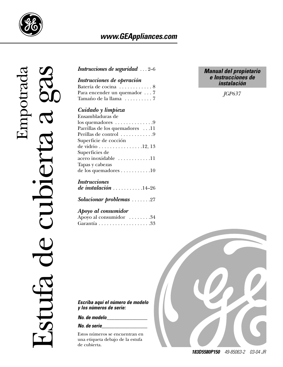 Spanish table of contents, Instrucciones de operación, Cuidado y limpieza | Apoyo al consumidor, Estufa de cubierta a gas, Empotrada | GE JGP637 User Manual | Page 35 / 68