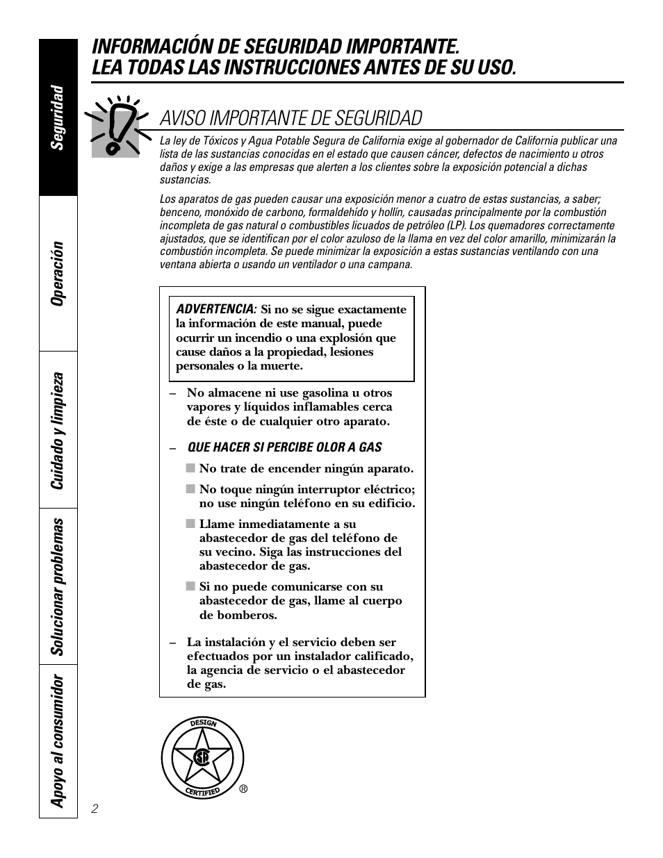 Instrucciones de seguridad, Aviso importante de seguridad | GE JGP637 User Manual | Page 36 / 68