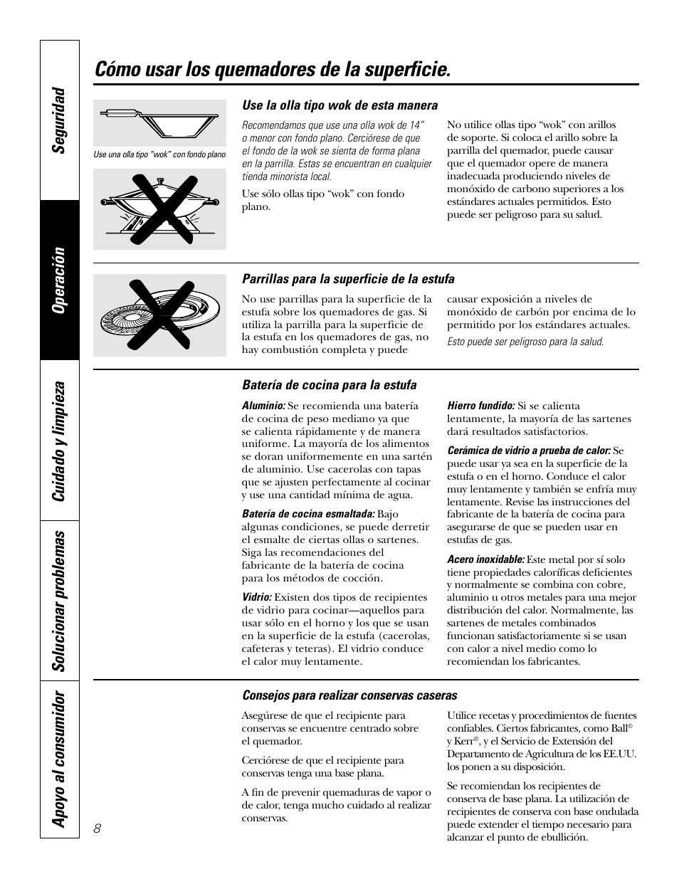 Batería de cocina, Cómo usar los quemadores de la superficie | GE JGP637 User Manual | Page 42 / 68