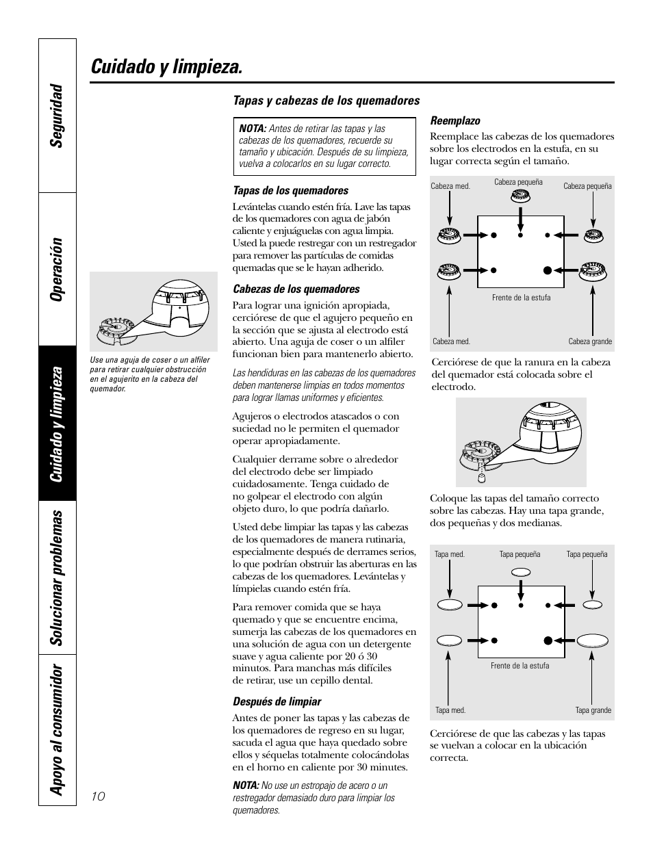 Tapas y cabezas de los quemadores, Cuidado y limpieza | GE JGP637 User Manual | Page 44 / 68