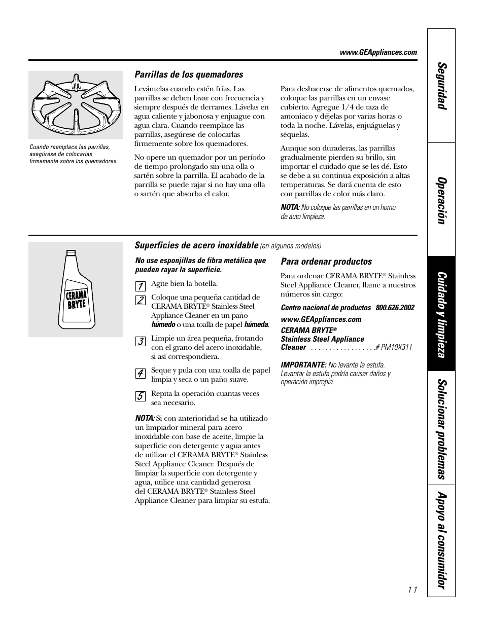 Parrillas de los quemadores, Superficies de acero inoxidable | GE JGP637 User Manual | Page 45 / 68