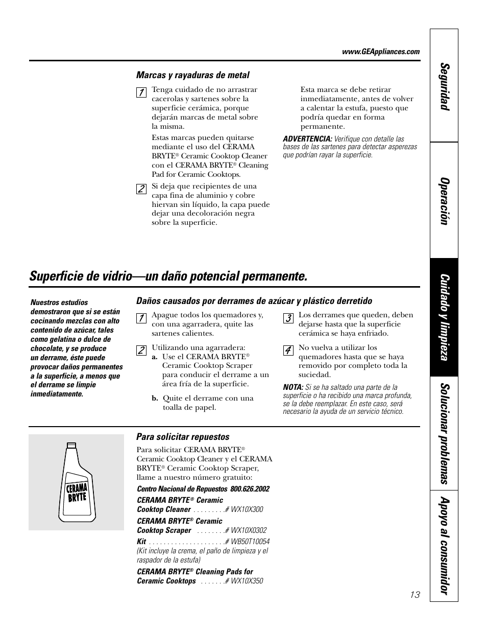 Superficie de vidrio—un daño potencial permanente | GE JGP637 User Manual | Page 47 / 68