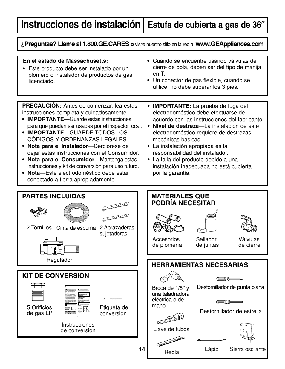 Instrucciones de instalación, Estufa de cubierta a gas de 36, Materiales que podría necesitar | Preguntas? llame al 1.800.ge.cares, Herramientas necesarias, Partes incluidas, Kit de conversión | GE JGP637 User Manual | Page 48 / 68