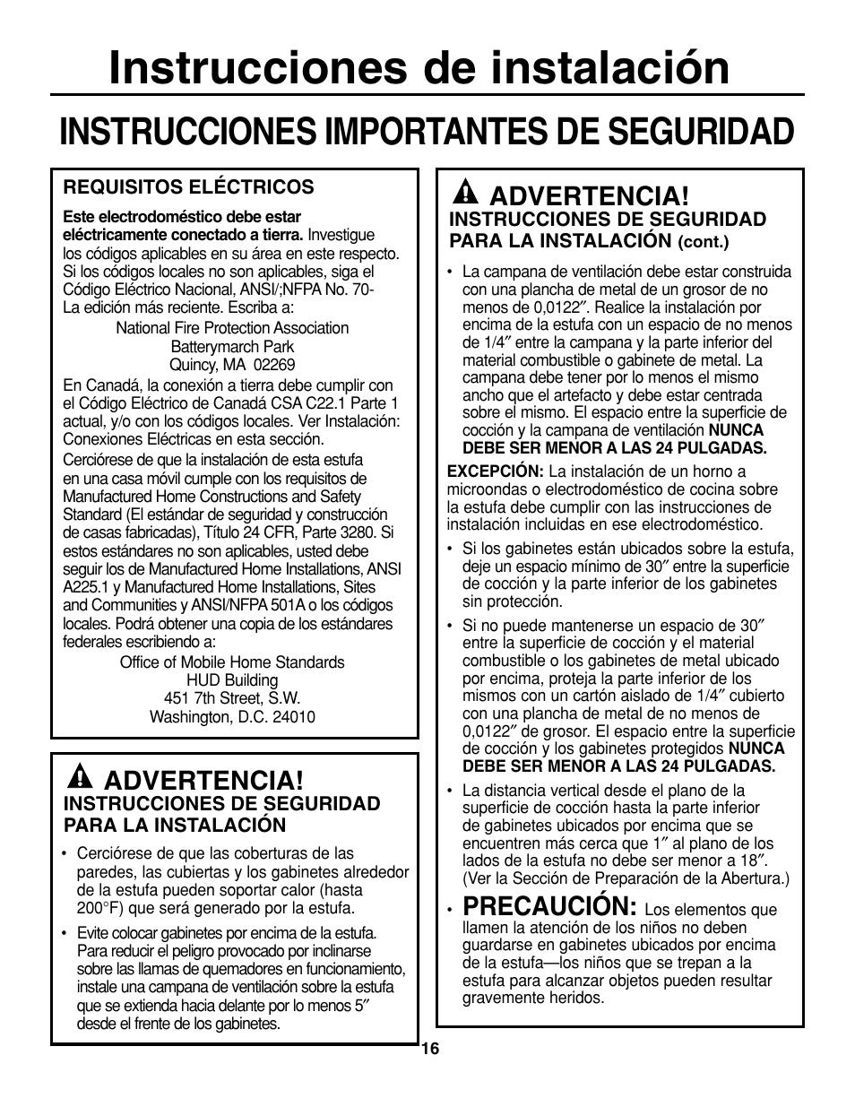 Instrucciones de instalación, Instrucciones importantes de seguridad, Precaución | Advertencia | GE JGP637 User Manual | Page 50 / 68