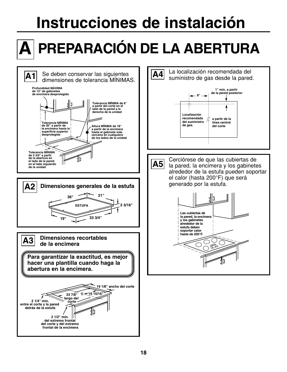 Instrucciones de instalación, Preparación de la abertura, A2 a1 | GE JGP637 User Manual | Page 52 / 68