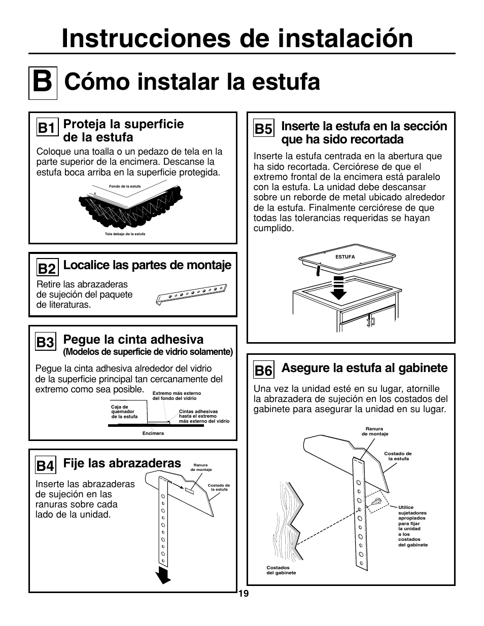 Instrucciones de instalación, Cómo instalar la estufa, Fije las abrazaderas | Proteja la superficie de la estufa, Localice las partes de montaje, Asegure la estufa al gabinete, Pegue la cinta adhesiva | GE JGP637 User Manual | Page 53 / 68