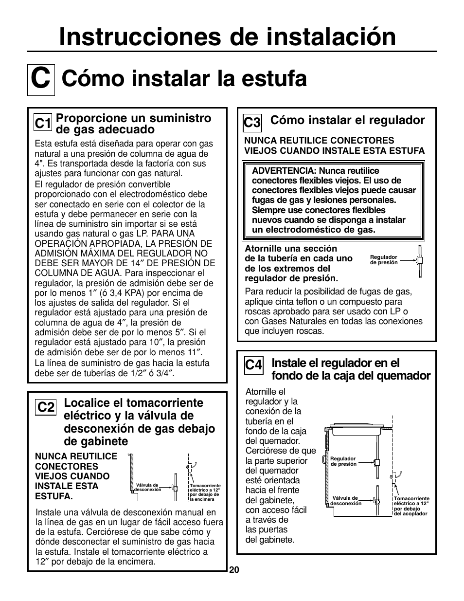 Instrucciones de instalación, Cómo instalar la estufa, C1 c3 | GE JGP637 User Manual | Page 54 / 68