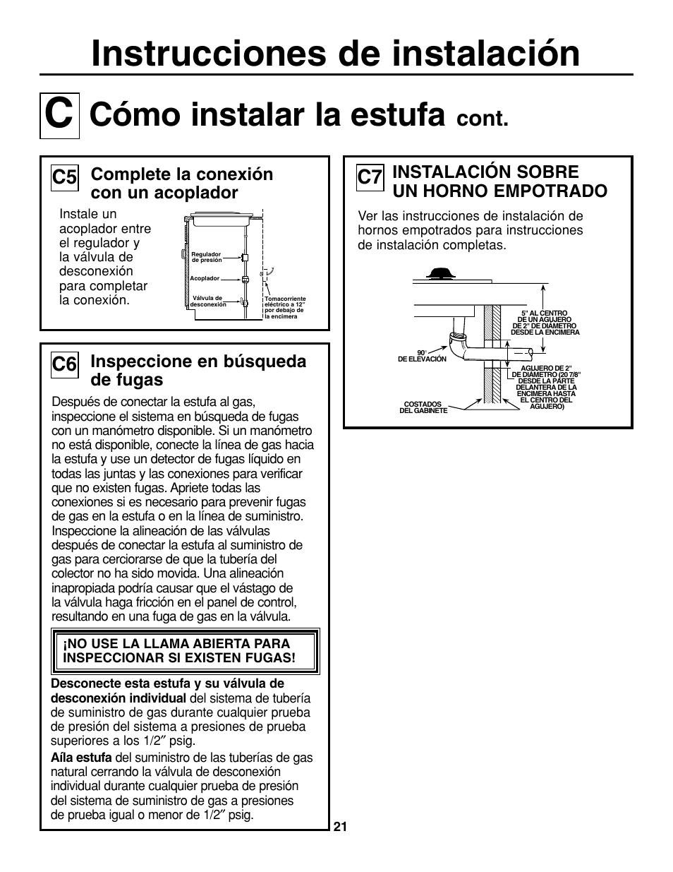 Instrucciones de instalación, Cómo instalar la estufa, Cont | Inspeccione en búsqueda de fugas, Instalación sobre un horno empotrado, Complete la conexión con un acoplador | GE JGP637 User Manual | Page 55 / 68