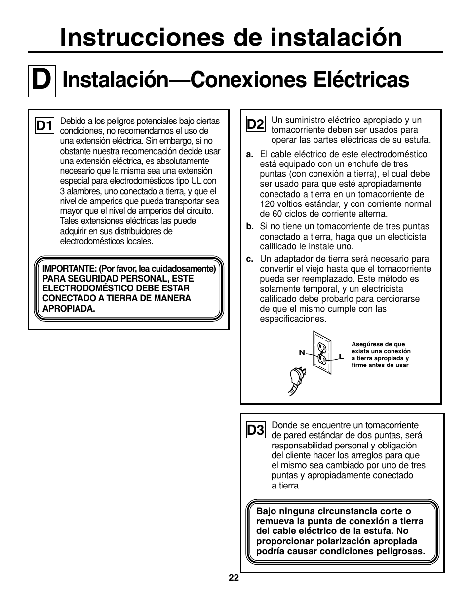 Instrucciones de instalación, Instalación—conexiones eléctricas, D1 d2 | GE JGP637 User Manual | Page 56 / 68