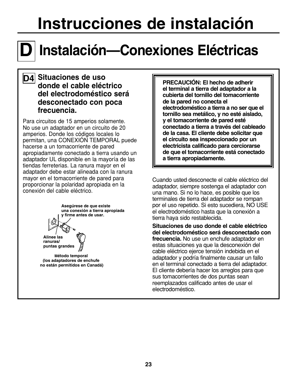 Instrucciones de instalación, Instalación—conexiones eléctricas | GE JGP637 User Manual | Page 57 / 68