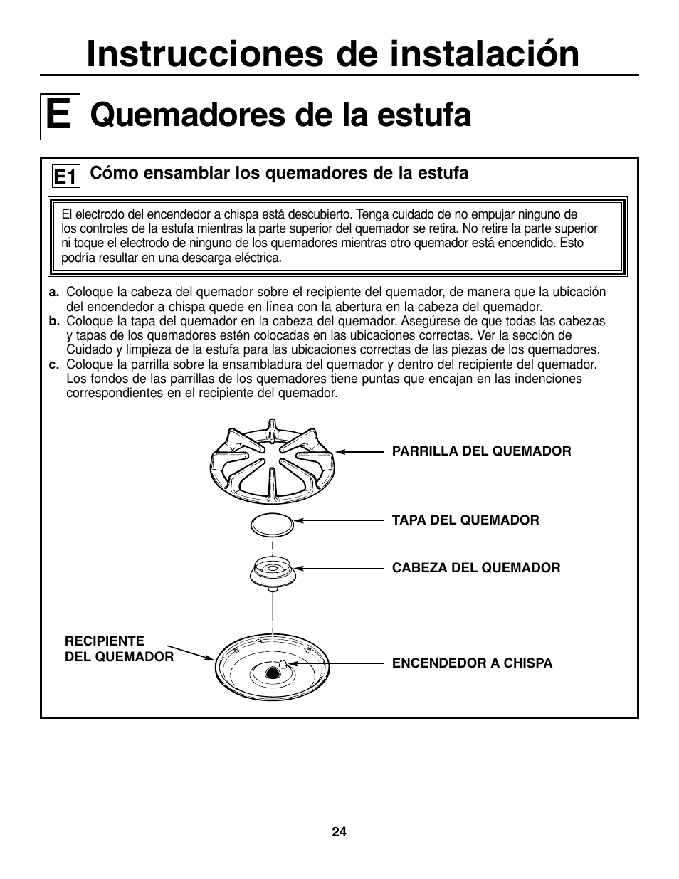 Instrucciones de instalación, Quemadores de la estufa | GE JGP637 User Manual | Page 58 / 68