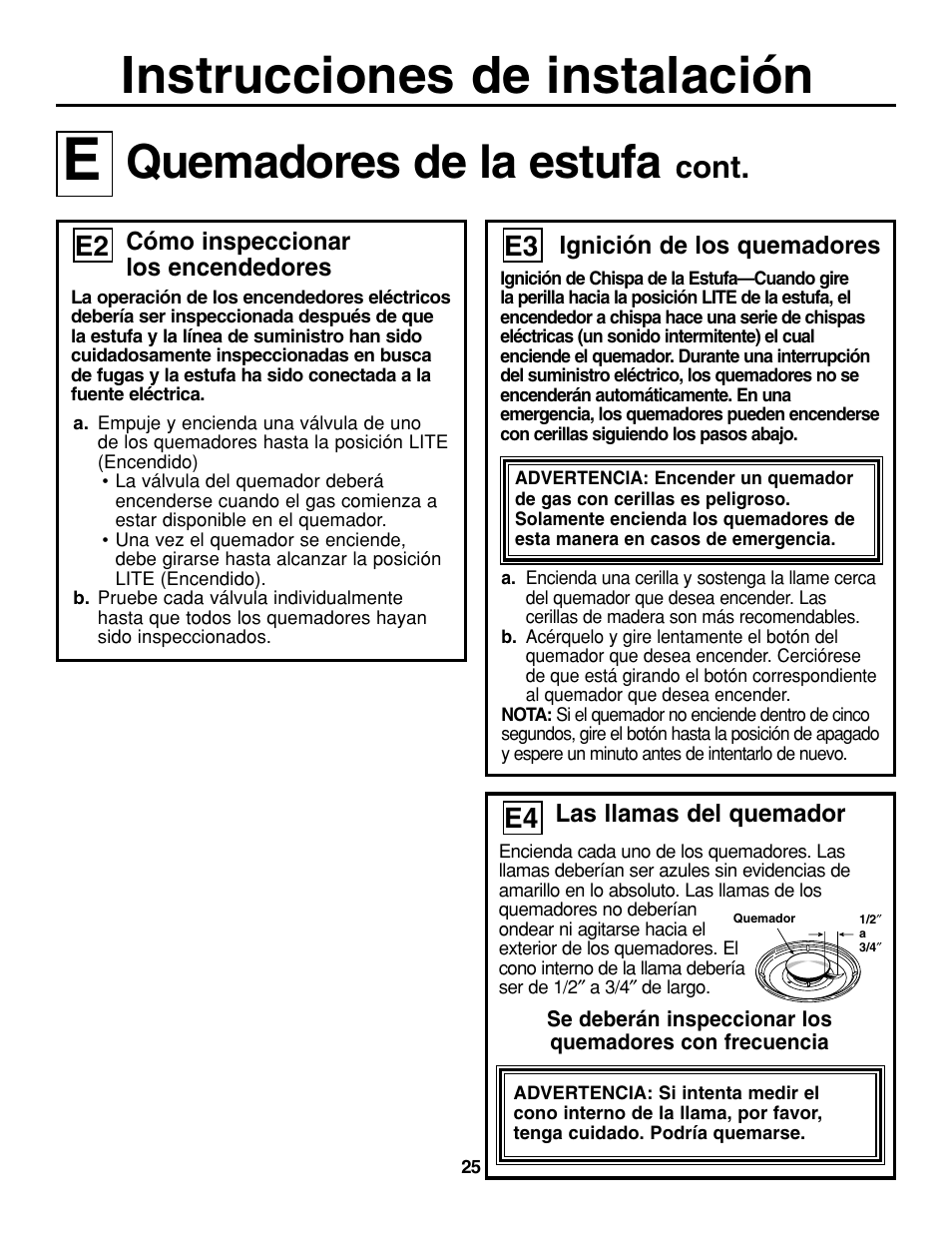 Instrucciones de instalación, Quemadores de la estufa, Cont | GE JGP637 User Manual | Page 59 / 68