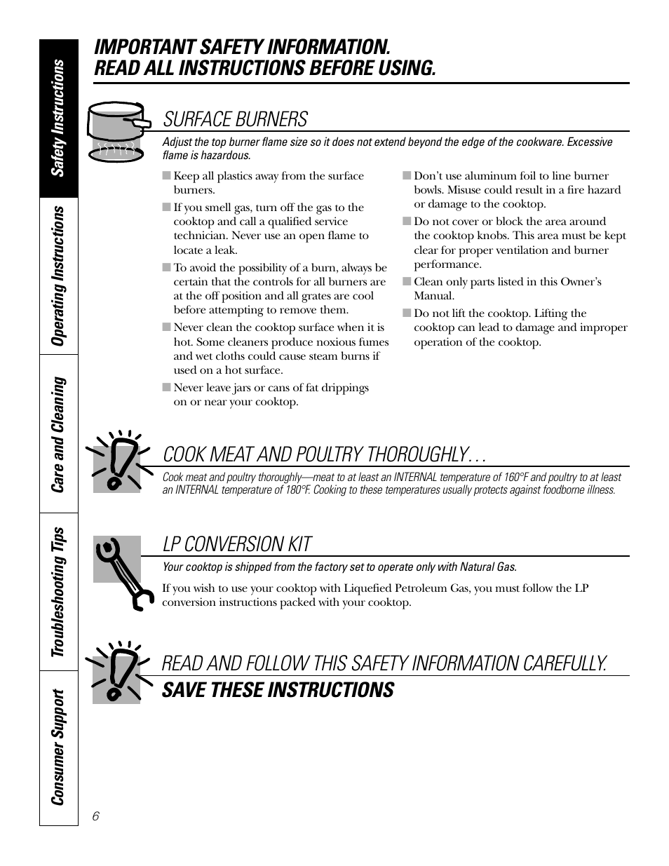 Surface burners | GE JGP637 User Manual | Page 6 / 68