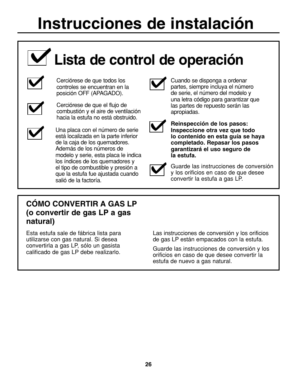 Instrucciones de instalación, Lista de control de operación | GE JGP637 User Manual | Page 60 / 68