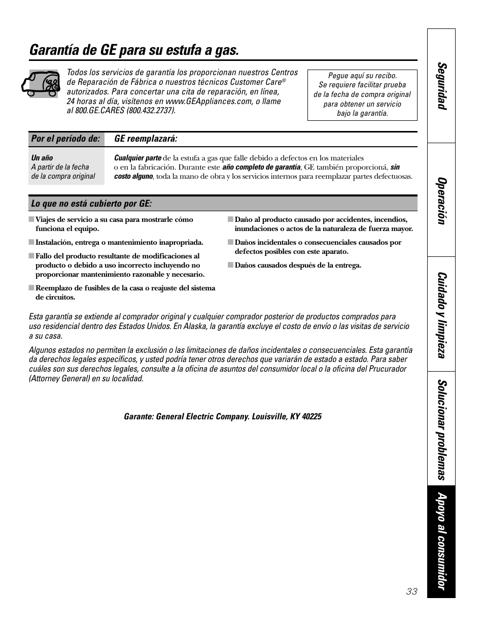 Garantía, Garantía de ge para su estufa a gas | GE JGP637 User Manual | Page 67 / 68
