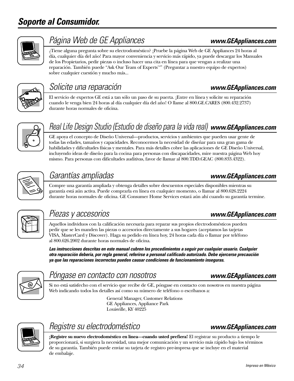 Apoyo al consumidor, Soporte al consumidor. página web de ge appliances, Solicite una reparación | Garantías ampliadas, Piezas y accesorios, Póngase en contacto con nosotros, Registre su electrodoméstico | GE JGP637 User Manual | Page 68 / 68