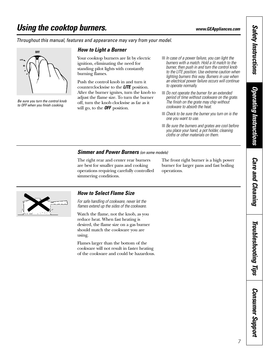 Flame size, To light a burner, Flame size to light a burner | Using the cooktop burners | GE JGP637 User Manual | Page 7 / 68