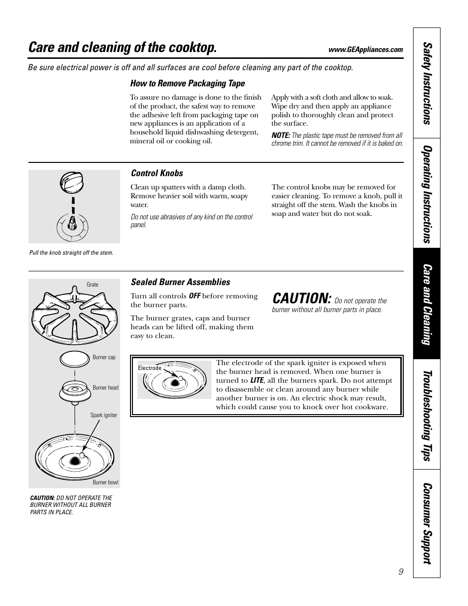 Burner assemblies, Control knobs, Care and cleaning of the cooktop | Caution | GE JGP637 User Manual | Page 9 / 68