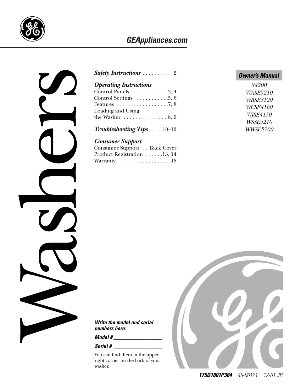 GE WASE5210 User Manual | 16 pages