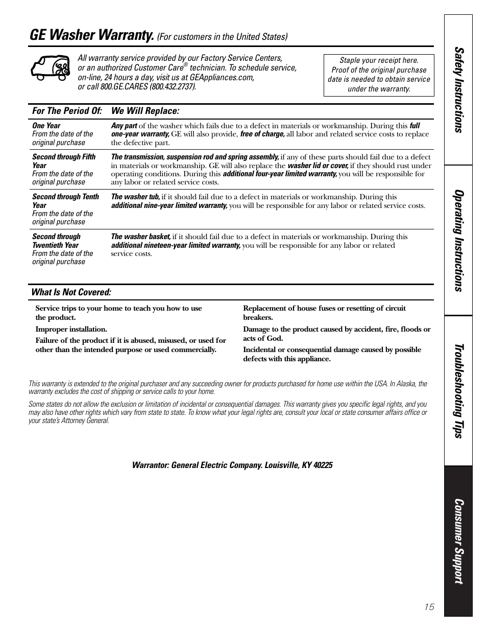 Warranty, Ge washer warranty | GE WASE5210 User Manual | Page 15 / 16