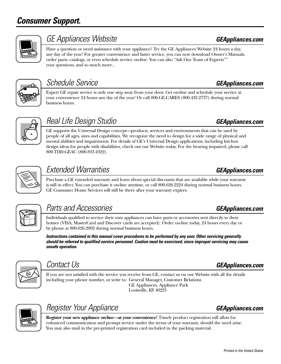 Consumer support, Consumer support . . .back cover, Consumer support. ge appliances website | Schedule service, Real life design studio, Extended warranties, Parts and accessories, Contact us, Register your appliance | GE WASE5210 User Manual | Page 16 / 16