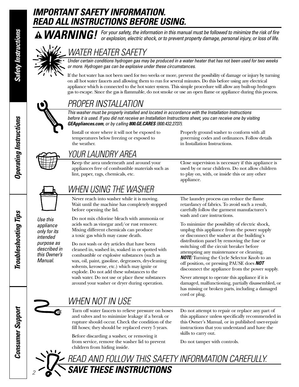 Safety instructions, Warning, Water heater safety | Proper installation, Your laundry area, When using the washer | GE WASE5210 User Manual | Page 2 / 16