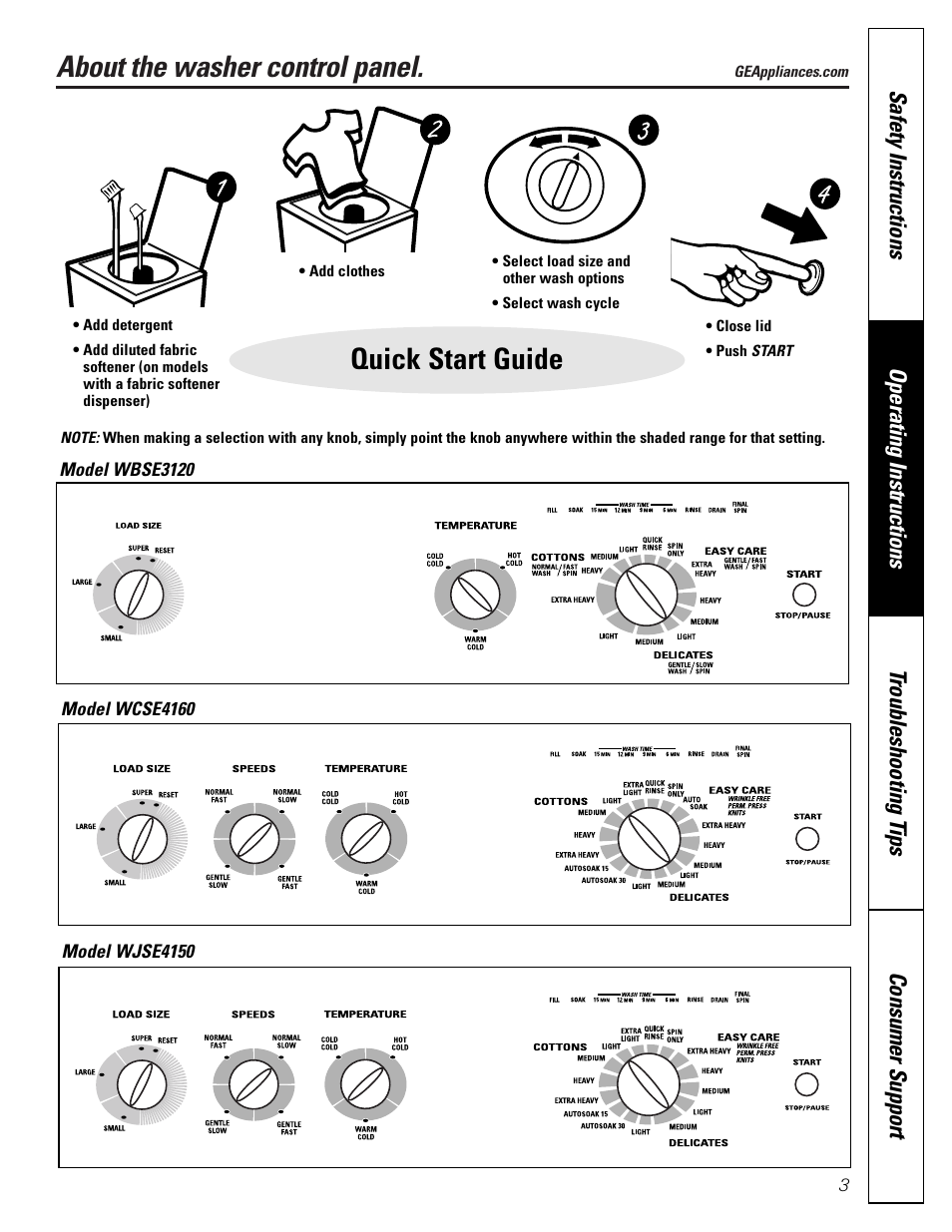 Control panels, Control panels , 4, About the washer control panel | Quick start guide | GE WASE5210 User Manual | Page 3 / 16