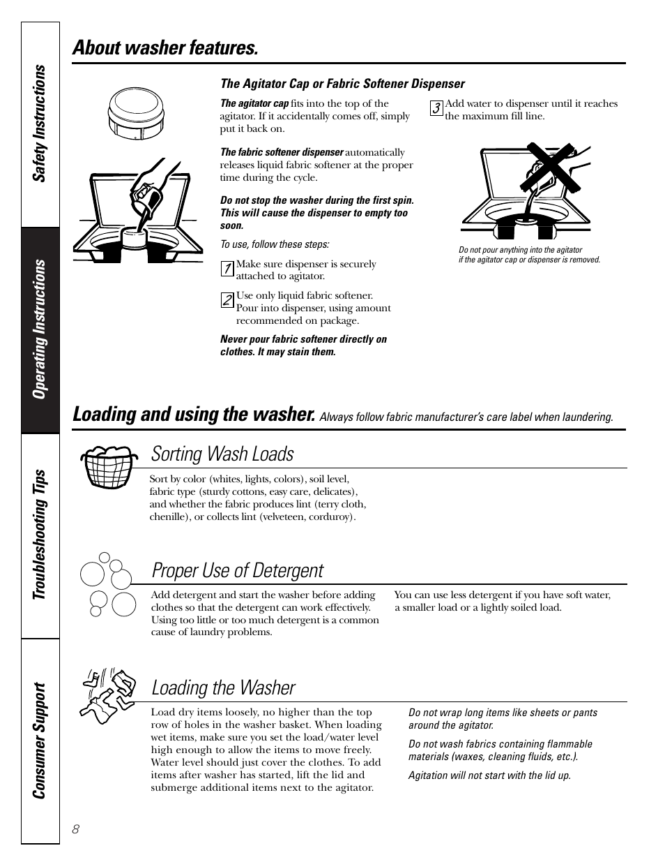 Loading and using the washer, Loading and using the washer , 9, Sorting wash loads proper use of detergent | Loading the washer | GE WASE5210 User Manual | Page 8 / 16