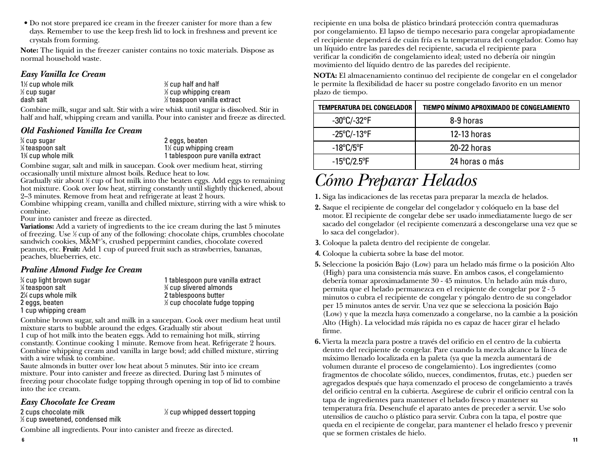 Cómo preparar helados, Easy vanilla ice cream, Old fashioned vanilla ice cream | Praline almond fudge ice cream, Easy chocolate ice cream | GE 681131067652 User Manual | Page 11 / 16