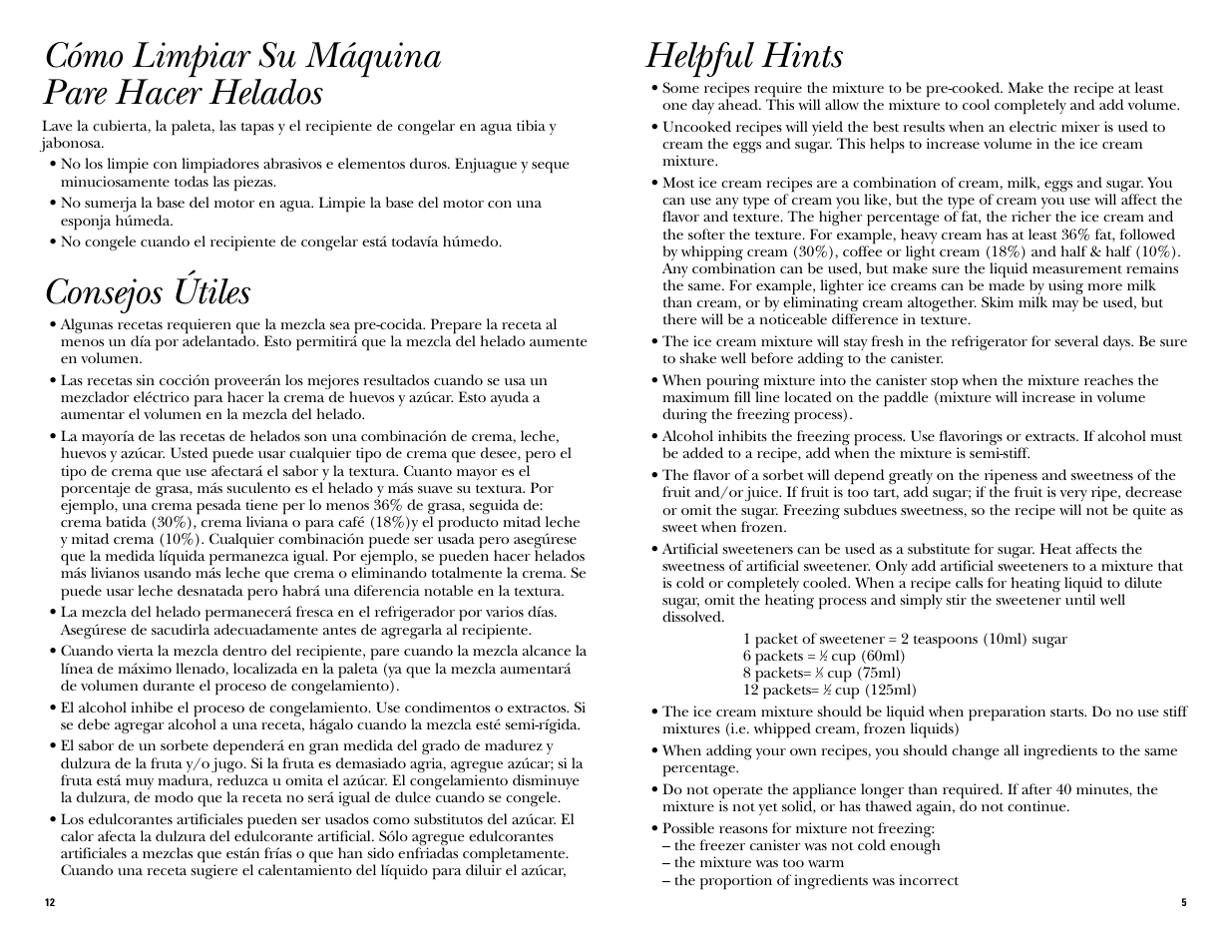 Helpful hints, Cómo limpiar su máquina pare hacer helados, Consejos útiles | GE 681131067652 User Manual | Page 12 / 16