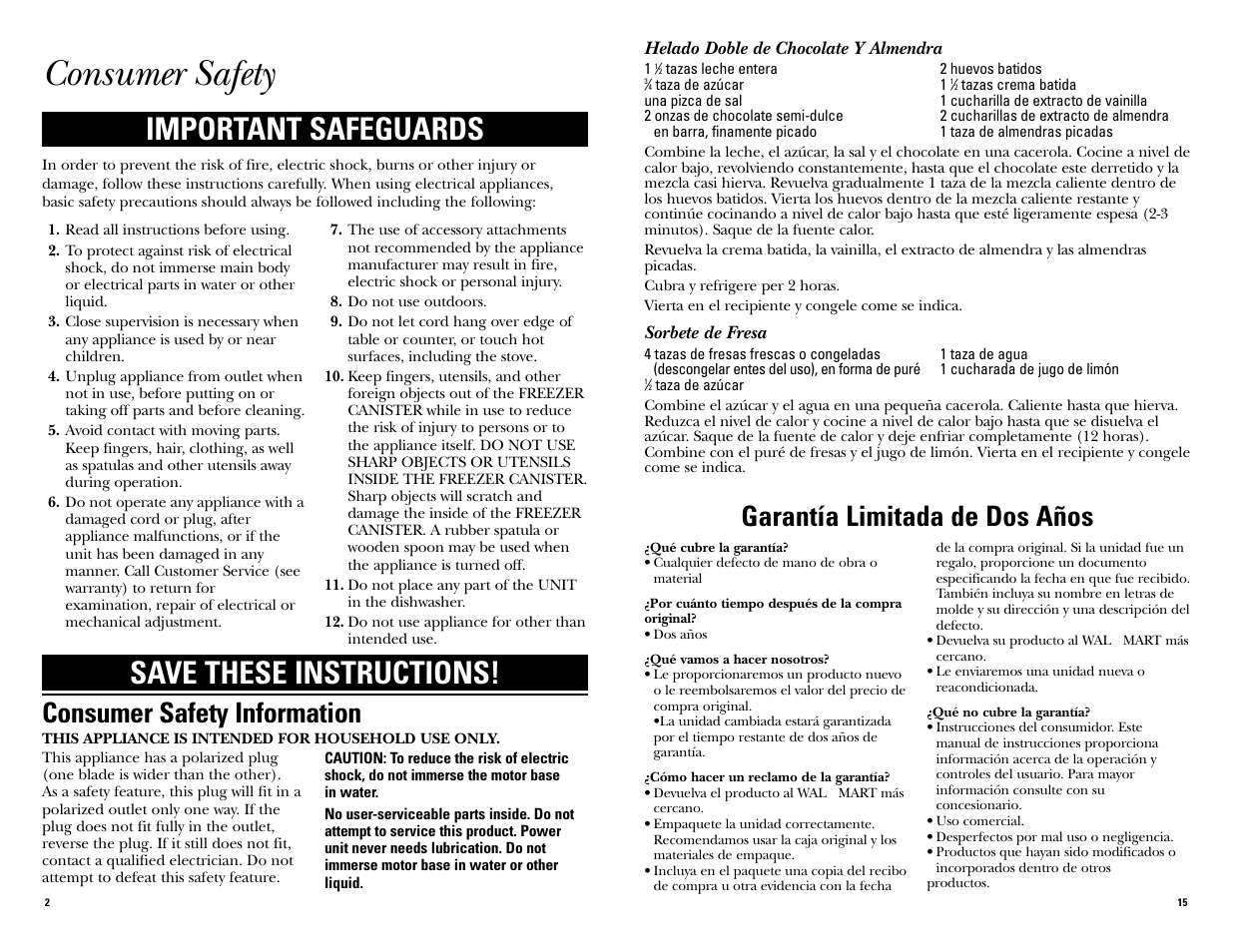 Consumer safety, Important safeguards, Save these instructions | Garantía limitada de dos años, Consumer safety information | GE 681131067652 User Manual | Page 15 / 16