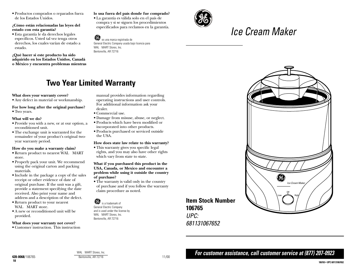 Warranty, Ice cream maker, Two year limited warranty | GE 681131067652 User Manual | Page 16 / 16