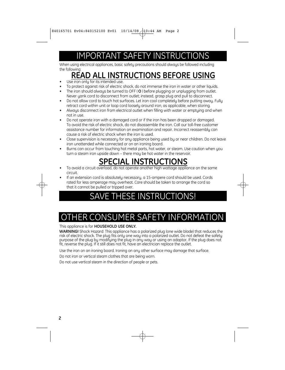 Read all instructions before using, Special instructions | GE 681131691345 User Manual | Page 2 / 8