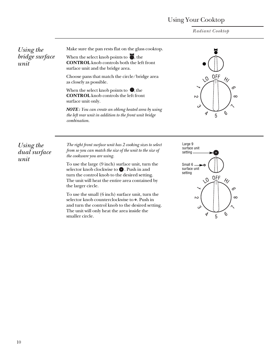 Bridge surface unit, Dual surface unit, Using your cooktop | Using the bridge surface unit, Using the dual surface unit | GE Monogram 164D3333P235 User Manual | Page 10 / 20