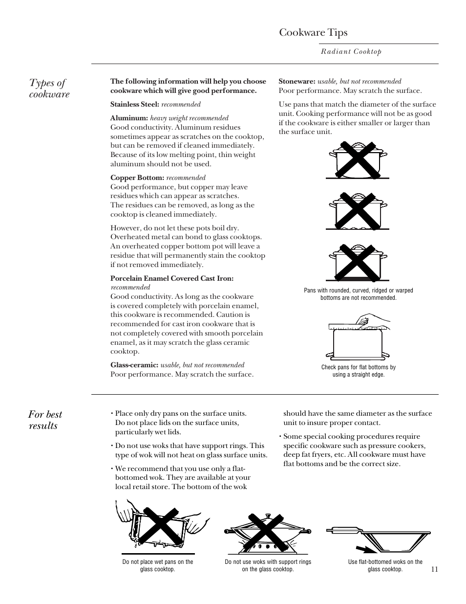 Cookware tips, Types of cookware, For best results | GE Monogram 164D3333P235 User Manual | Page 11 / 20