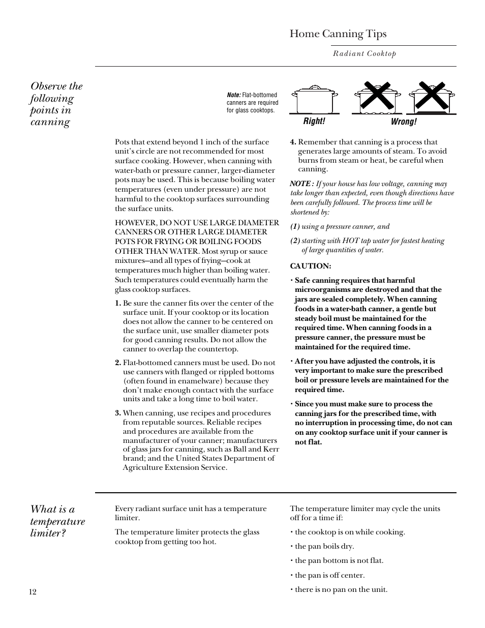 Home canning tips, Observe the following points in canning, What is a temperature limiter | GE Monogram 164D3333P235 User Manual | Page 12 / 20