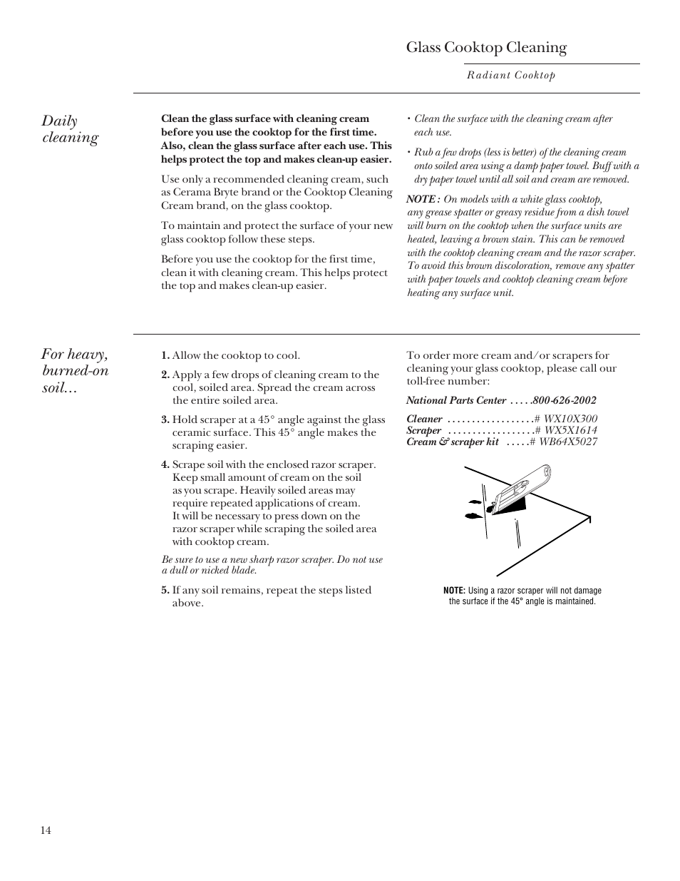 Glass cooktop cleaning, Glass cooktop cleaning , 15, For heavy, burned-on soil | Daily cleaning | GE Monogram 164D3333P235 User Manual | Page 14 / 20