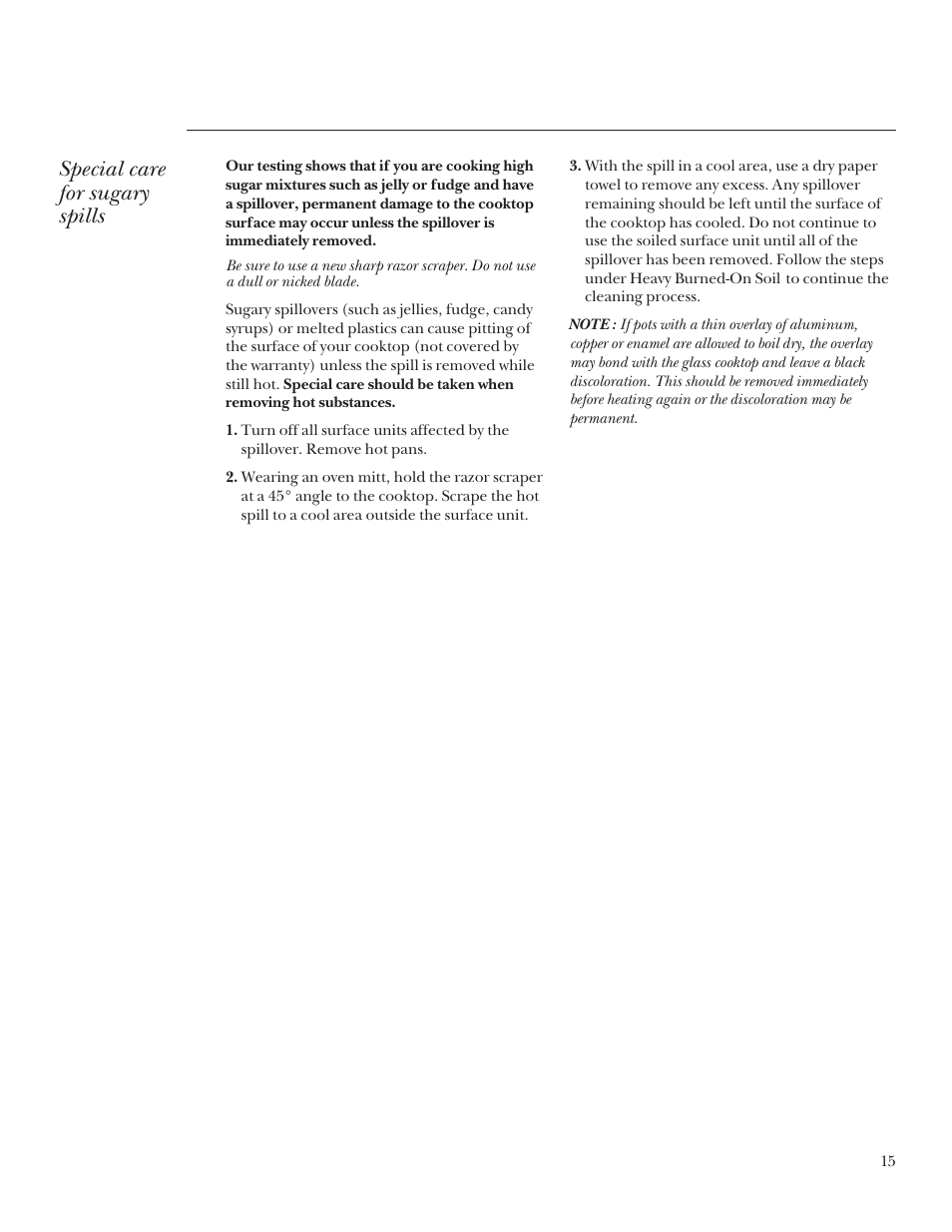 Special care for sugary spills | GE Monogram 164D3333P235 User Manual | Page 15 / 20