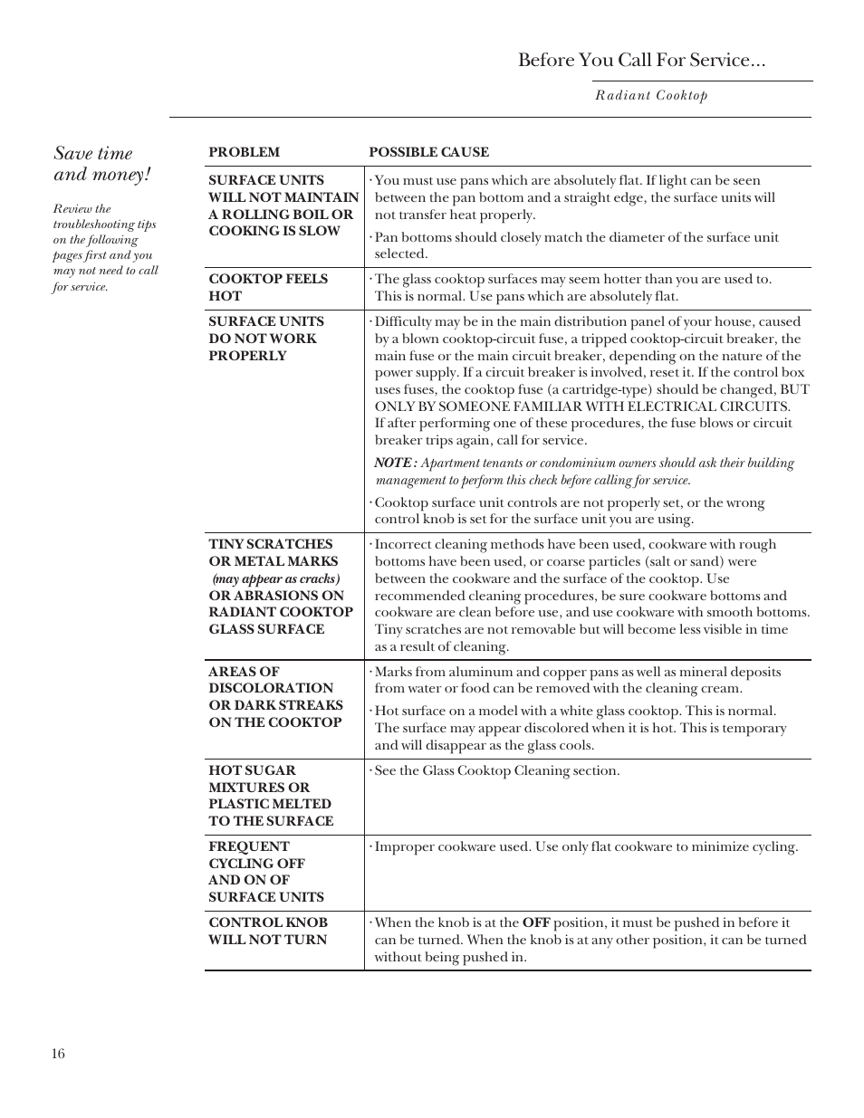 Before you call for service, Save time and money | GE Monogram 164D3333P235 User Manual | Page 16 / 20