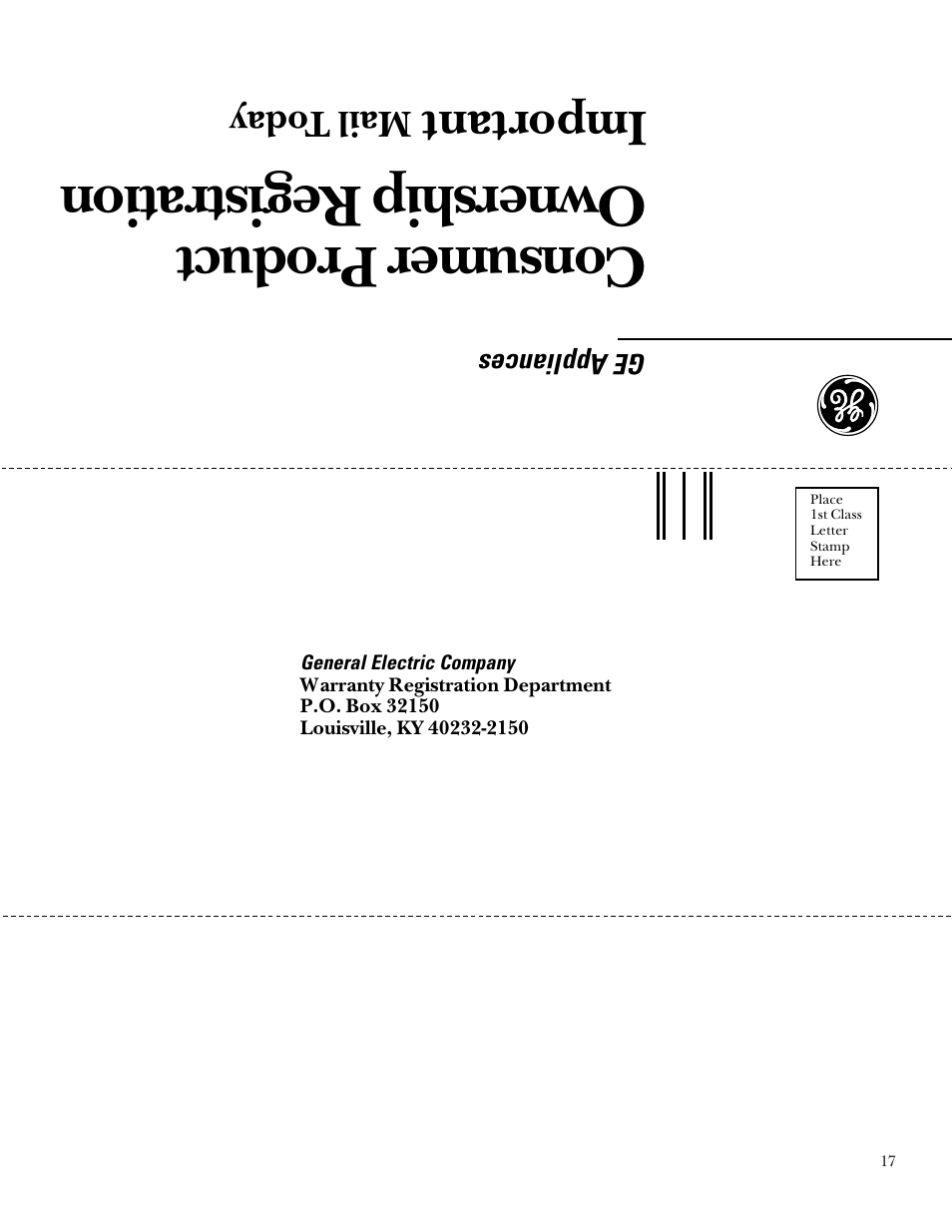 Product registration, Product registration , 18, Consumer product ownership registration | Important, Mail t oday | GE Monogram 164D3333P235 User Manual | Page 17 / 20